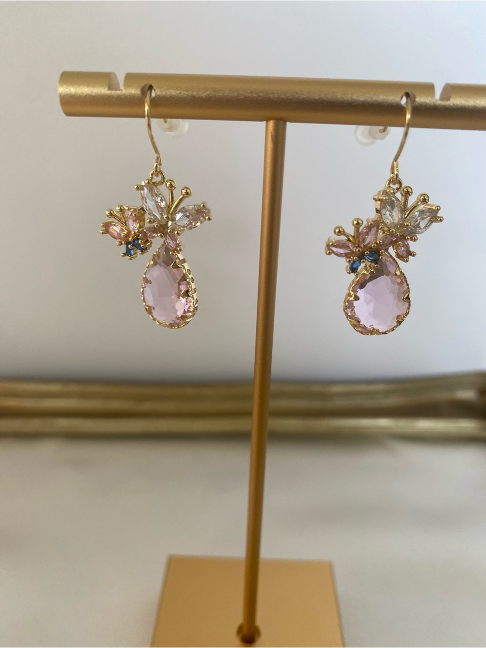 Pink Crystal Butterfly Dangle Earrings Gold Tone Floral Drop Statement Earrings